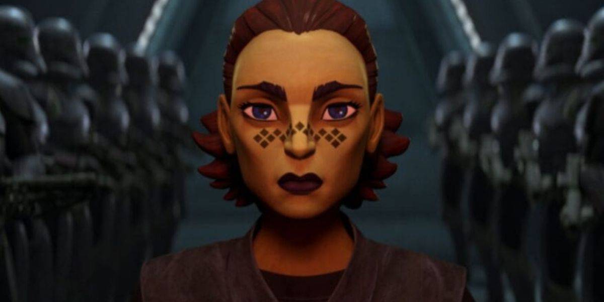 An animated character from "Tales of the Empire" with brown hair and distinctive facial markings stands in the foreground, with a line of armored figures blurred in the background.