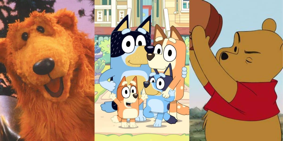 The image features three animated cartoon scenes: on the left, a large orange bear with a big nose; in the center, a cartoon family of blue and tan dogs standing together; on the right, a tan bear in a red shirt putting his head into a honey pot.