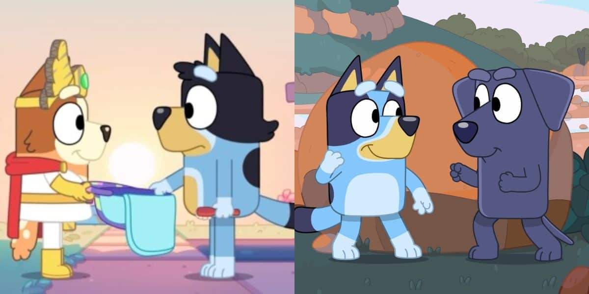 Two screenshots from the animated show *Bluey* feature anthropomorphic blue dogs. The left image shows one dog in ancient Egyptian attire holding a towel with another dog. The right image depicts two dogs standing outside, seemingly in a debate, with a tent in the background.