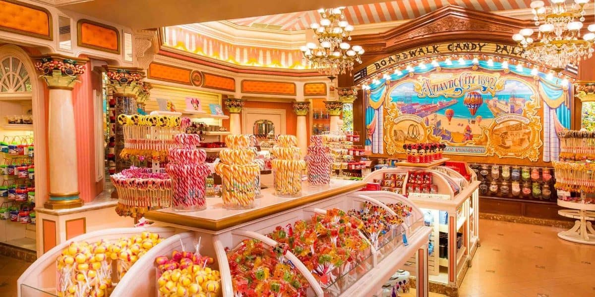 A brightly lit candy store with a large assortment of colorful candies on display, including lollipops, candy canes, and sweets in clear containers. Reminiscent of Disney's Main Street, the store has an ornate, vintage design with decorative chandeliers and a charming mural on the back wall.