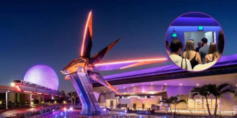 People evacuating a queue in the foreground of an image of the exterior of Guardians of the Galaxy: Cosmic Rewind.