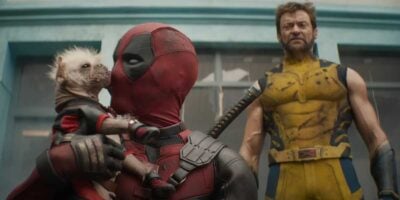 Deadpool (Ryan Reynolds) and Wolverine (Hugh Jackman) in 2024 movie with dog