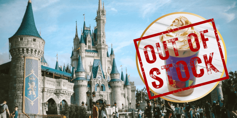 An image of a crowded Walt Disney World theme park with a large castle in the background. A circular overlay shows an ice cream cone, labeled with a bold "out of stock" stamp across it.