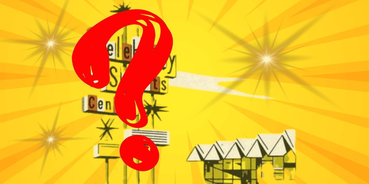 Illustration of a yellow burst background with multi-directional starbursts. A large red question mark is scribbled across the image, obscuring parts of various street signs and a small cartoonish house at the bottom, near the celebrity sports center in Denver.