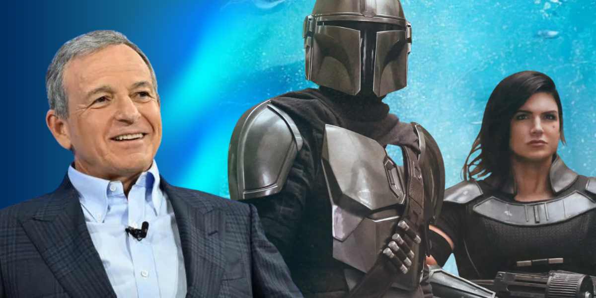 Image featuring a smiling Disney CEO Bob Iger on the left and characters from "The Mandalorian," including The Mandalorian and Cara Dune, against a cosmic backdrop on the right.