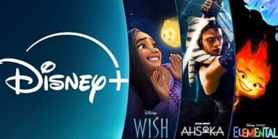 Promotional banner for disney+ showcasing three upcoming titles: a blue-themed poster for "wish" featuring a smiling woman, a "star wars: ahsoka" poster with a dual lightsaber-wielding character, and a fiery poster for "elemental".