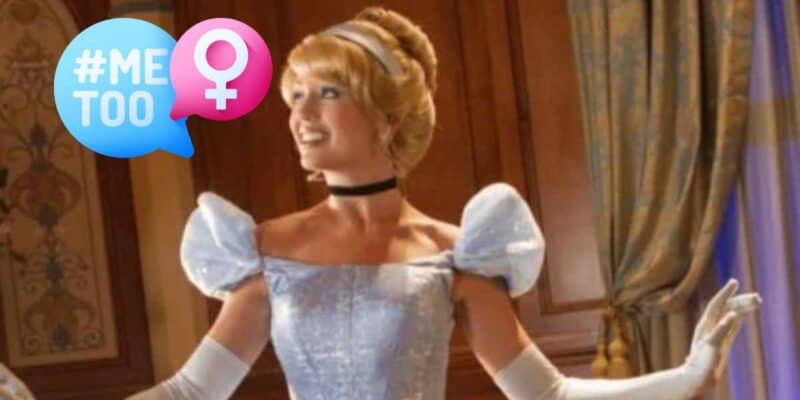 Cinderella in her iconic blue dress, with a speech bubble featuring "#metoo" and the female gender symbol.