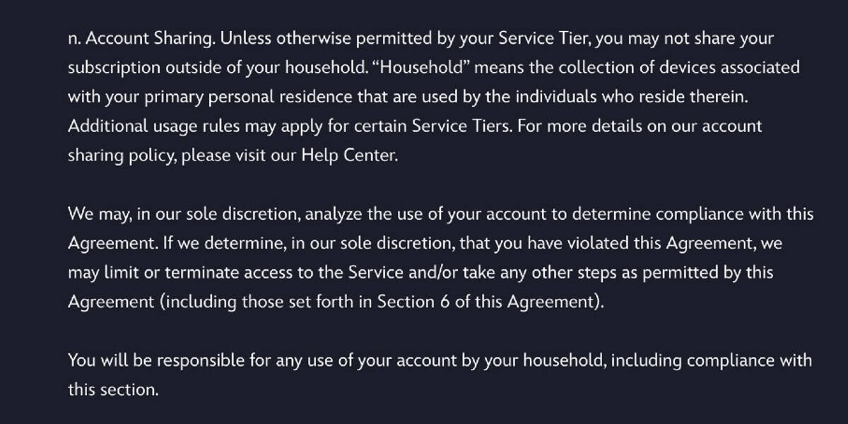 Text excerpt from the Disney+ service agreement or terms and conditions document discussing household account sharing policies, termination clauses, and user responsibilities.