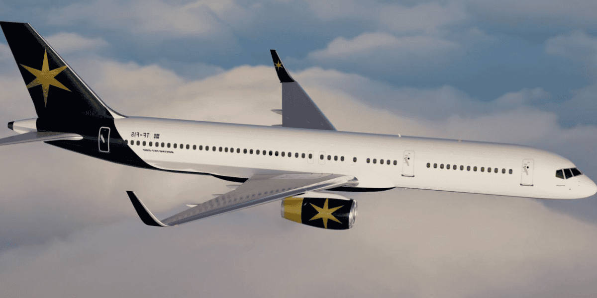 A commercial airplane with a white fuselage and blue tail, featuring a large yellow star on the tail and engine, flying above a layer of clouds, could be the start of your insane $115,000 Disney Parks trip.