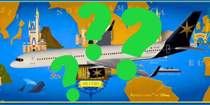 A graphic of a plane flying over a stylized world map with large green question marks overlapping the image. The map features landmarks like a castle and text related to an insane $115,000 Disney Parks trip. The plane has a star logo on its tail.