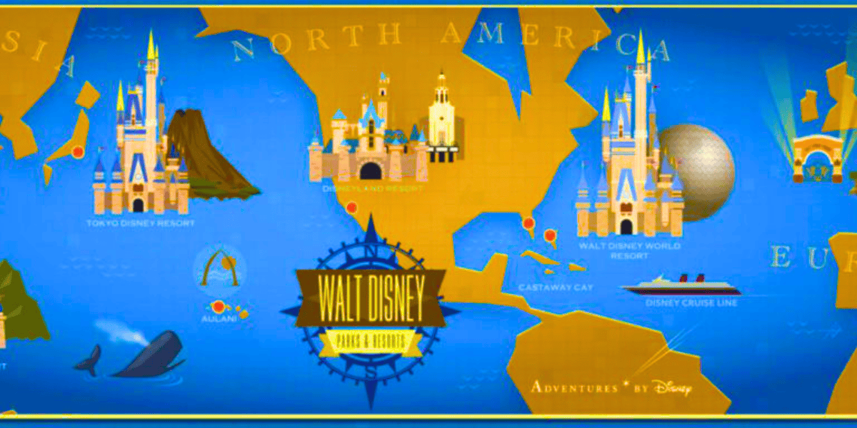 A colorful illustrated map displays various Disney resorts around the world, including Tokyo Disney Resort, Disneyland Resort, Walt Disney World Resort, Disneyland Paris, and Disney Cruise Line. Perfect for planning an insane $115,000 trip, the map features stylized landmarks and a "Walt Disney Parks & Resorts" logo.