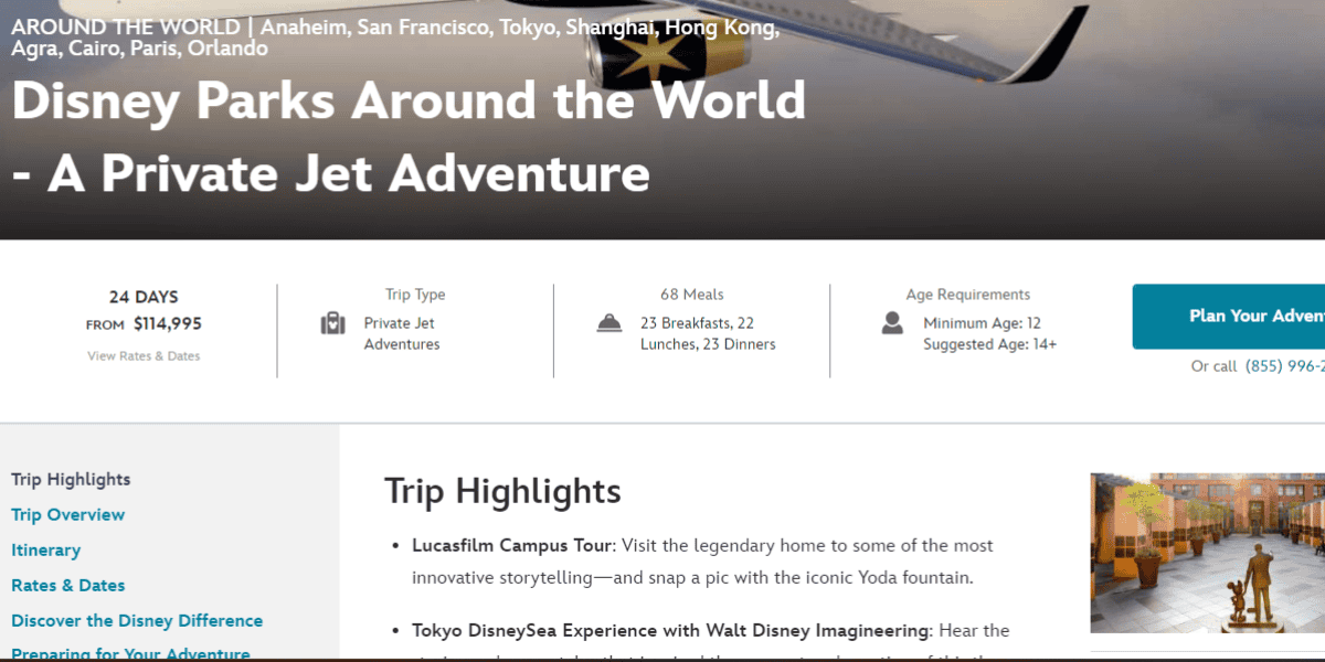 Screenshot of a travel website displaying an insane Disney trip titled "Disney Parks Around the World - A Private Jet Adventure." The $115,000 Disney Parks trip costs from $114,995 and includes 68 meals. Destinations include Anaheim, San Francisco, Tokyo, Shanghai, Hong Kong, and more.