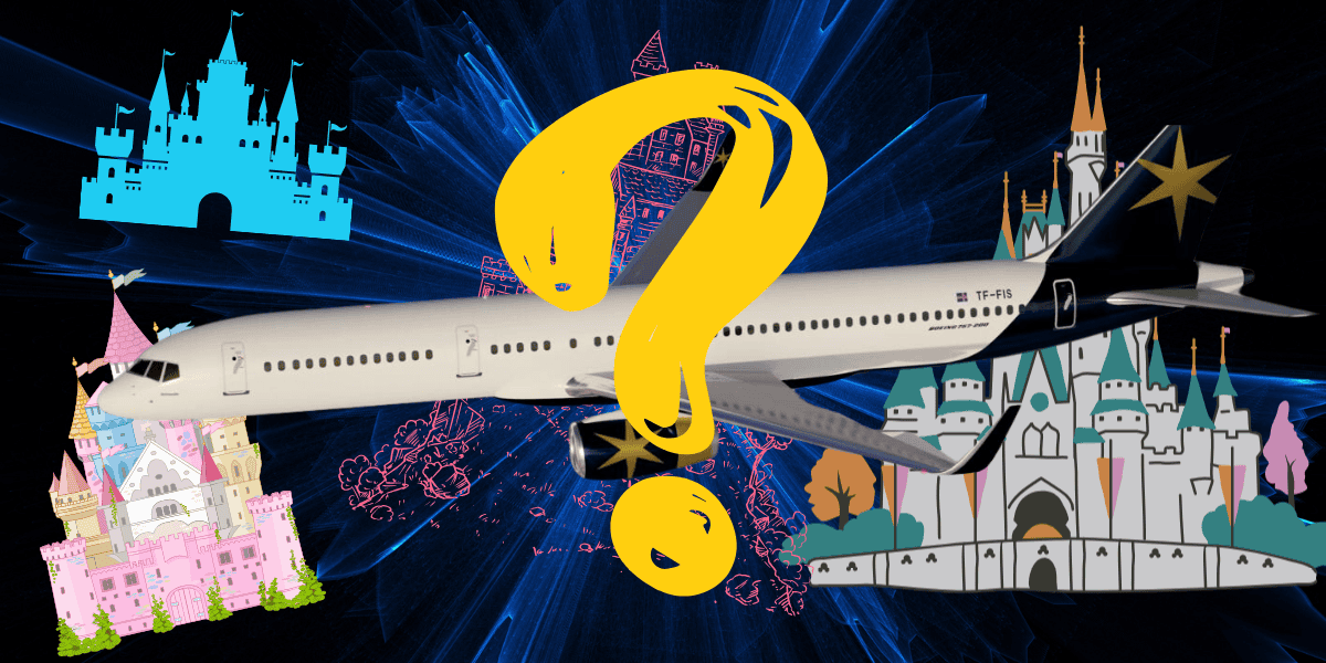 A large airplane in flight is overlaid with a big, yellow question mark. Surrounding the aircraft are four stylized images of castles in various colors: one blue, one pink, one purple, and one white. The background features a dark, abstract pattern hinting at an insane Disney Parks trip.