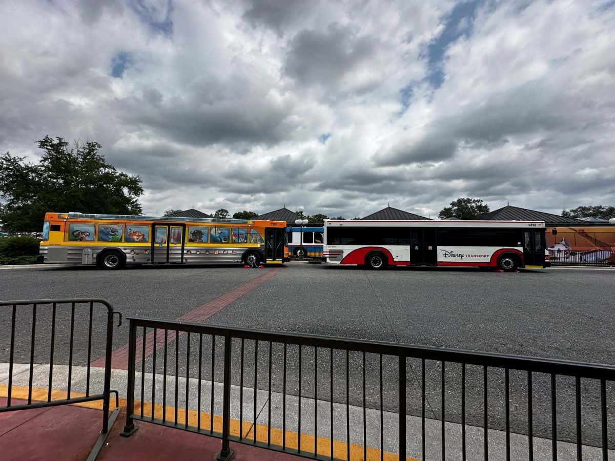 Two Walt Disney World Resort transportation buses parked outside Magic Kingdom