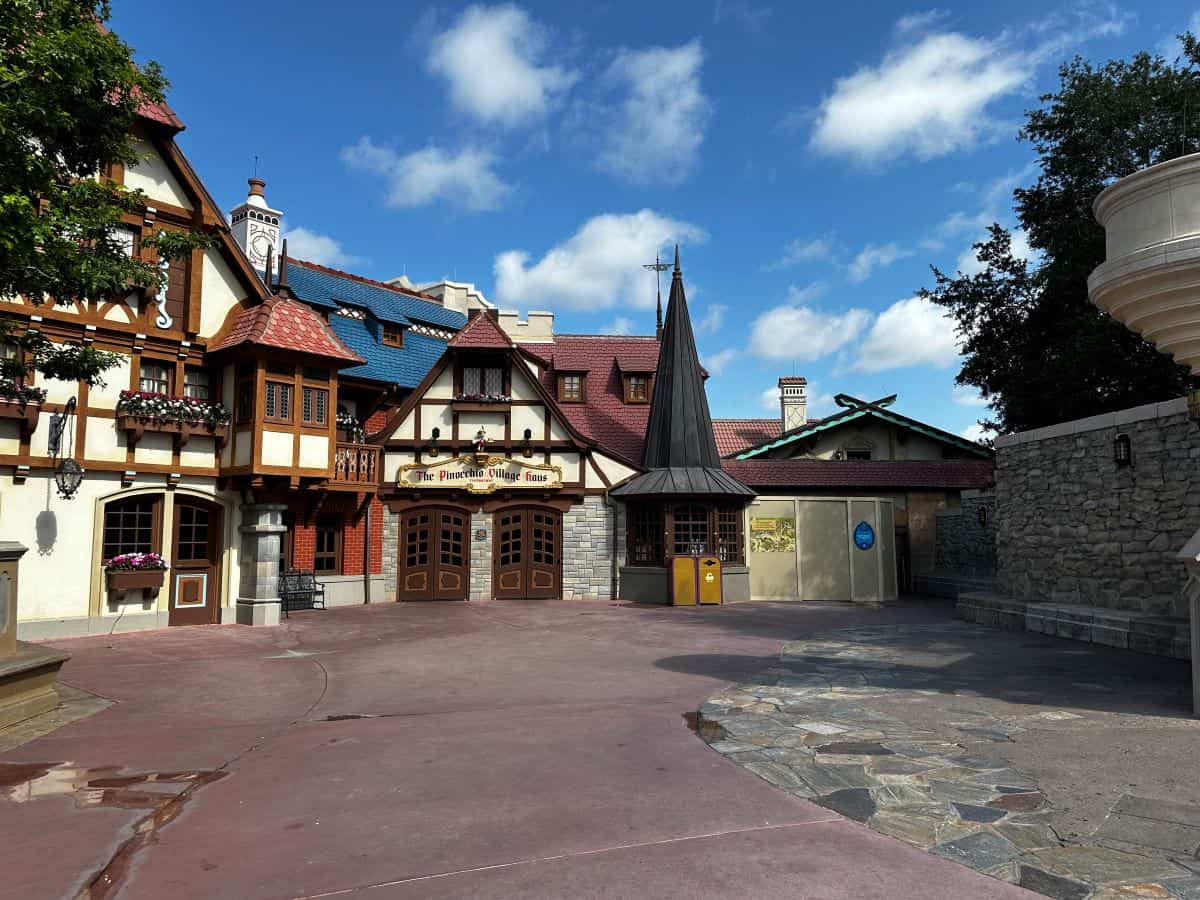 The restrooms next to Pinocchio Village Haus restaurant in Fantasyland behind construction walls in Magic Kingdom
