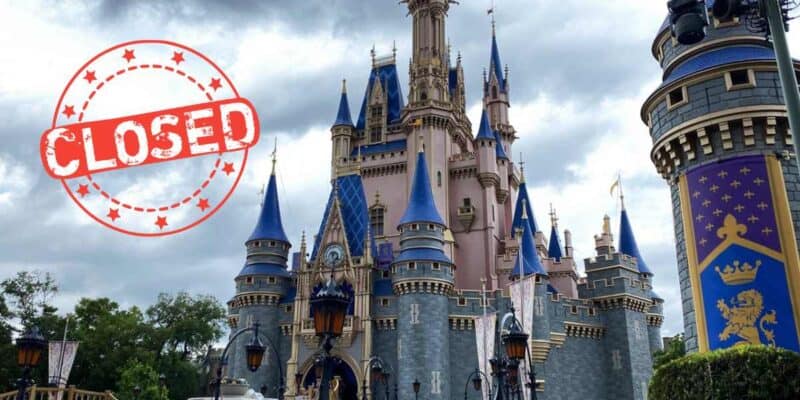 Image of Cinderella's castle at Disney World, with a large "closed" stamp superimposed over the sky, under cloudy weather conditions.