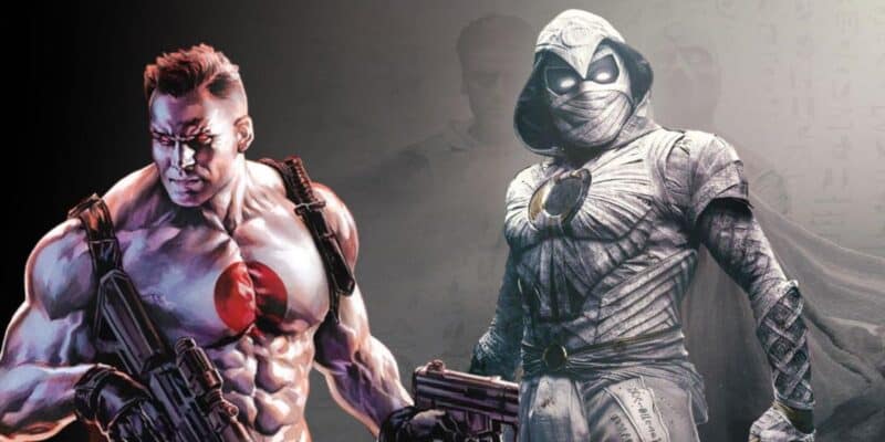 Illustration of two costumed characters: one muscular figure with a shaved head and a red circle emblem on their chest, holding firearms; another clad in a white, hooded, and caped outfit with glowing eyes and an elaborate chest symbol resembling a moon.