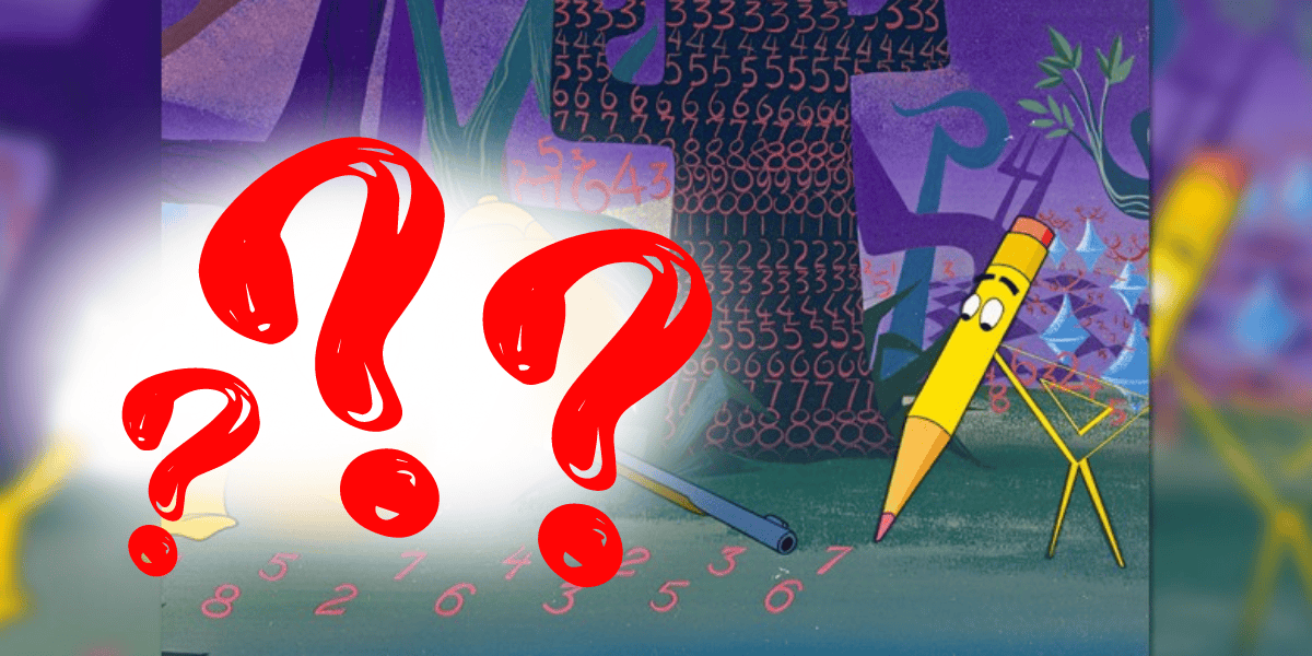 An animated scene with a background of math equations and numbers. A yellow pencil with eyes and limbs is standing, pointing at a sequence of numbers on the floor with a number line, reminiscent of a Disney character who appeared the most. Red question marks obscure part of the image.
