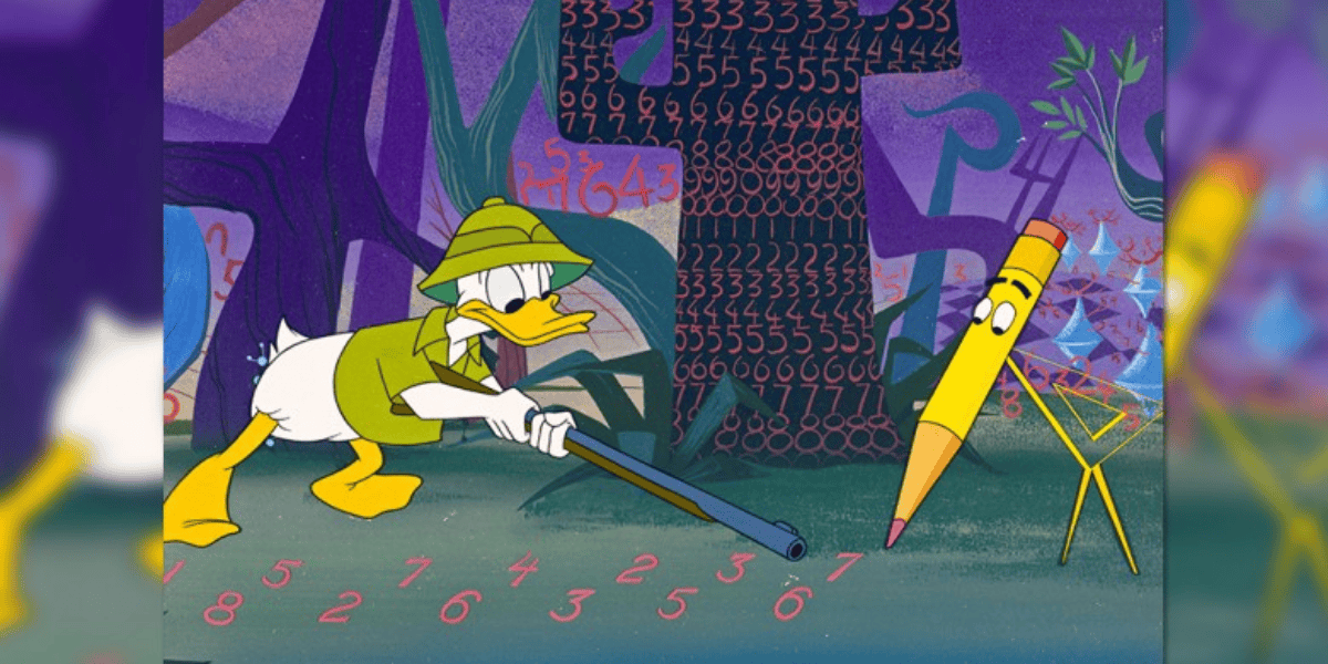 A cartoon image of a duck in an explorer outfit, reminiscent of a Disney character who appeared the most, pointing a golf club at a giant walking pencil. The background is filled with numbers and mathematical symbols, suggesting a jungle-like setting.