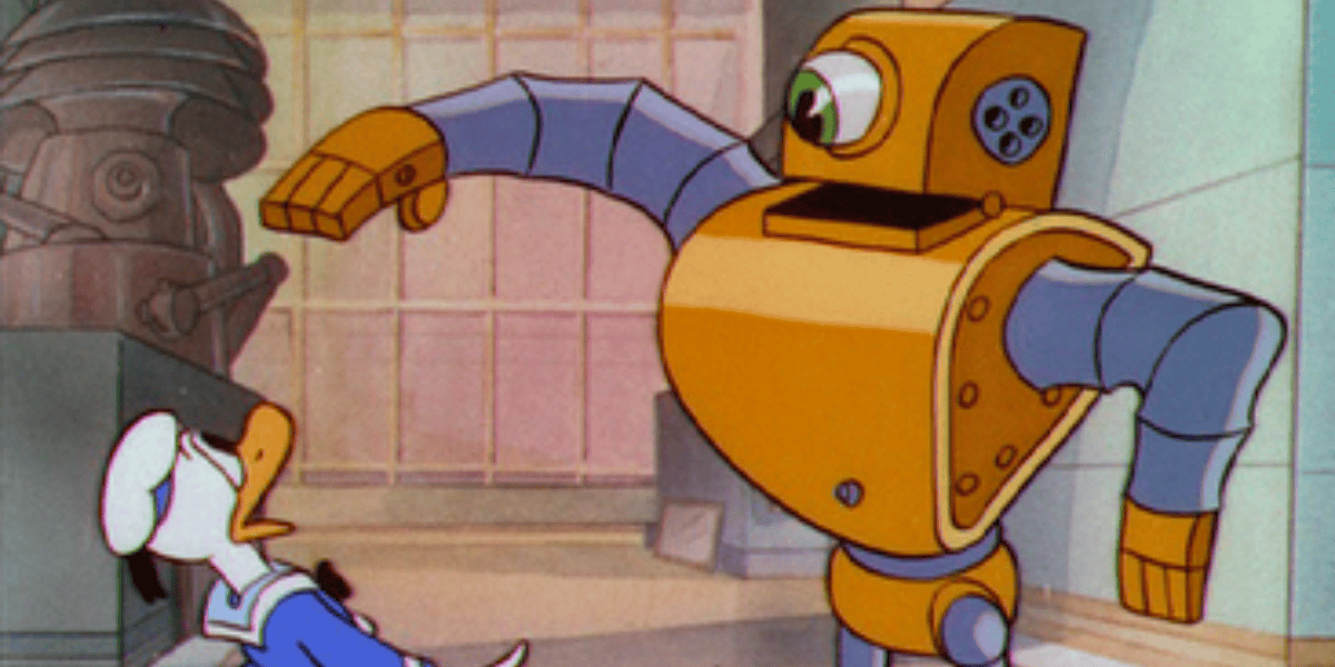 A cartoon scene features a robotic figure with large, mechanical arms and a box-shaped body, facing a surprised Disney character who appeared the most—Donald Duck—in his sailor outfit, leaning back in response. The background reveals a workshop filled with various tools and machinery.