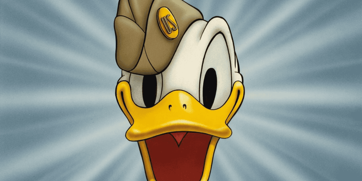 An animated image of Donald Duck, the Disney character who appeared the most, wearing a brown military-style hat adorned with a "US" badge on the front. Donald's eyes are wide open, his beak is slightly open, and the background features radial gray and white streaks emanating from behind him.