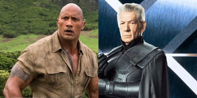 Split image featuring Dwayne Johnson in a jungle setting from the Jungle Cruise on the left and Ian McKellen as Magneto from X-Men on the right, standing against a metallic X symbol background.