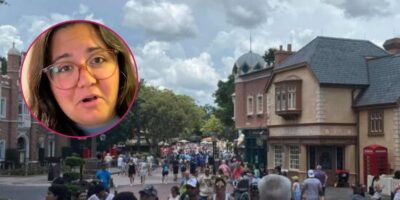 A woman talking about her injury at Disney World in the foreground of an image of crowds at the EPCOT World Showcase.