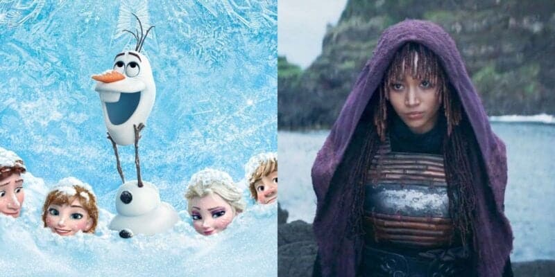 On the left, characters from Disney's Frozen including Olaf, Anna, Kristoff, Sven, and Elsa peek out happily from the snow. On the right, a person wearing a purple hooded cloak stands outdoors with a serious expression, set against a rocky and coastal background reminiscent of 'Star Wars.'