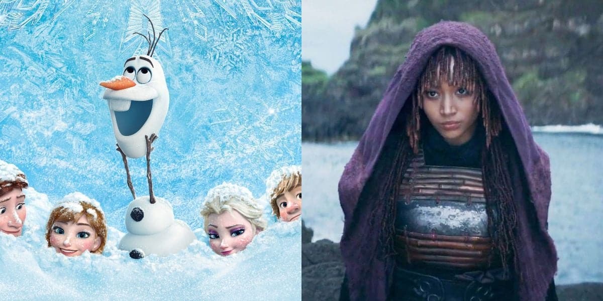 On the left, characters from Disney's Frozen including Olaf, Anna, Kristoff, Sven, and Elsa peek out happily from the snow. On the right, a person wearing a purple hooded cloak stands outdoors with a serious expression, set against a rocky and coastal background reminiscent of 'Star Wars.'