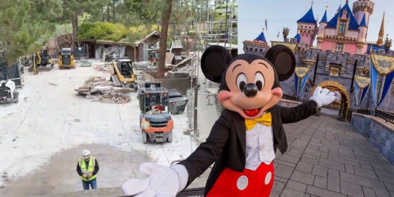Mickey Mouse in the foreground is welcoming visitors with open arms, with a contrasting background of ongoing construction work in Critter Country at Disneyland.