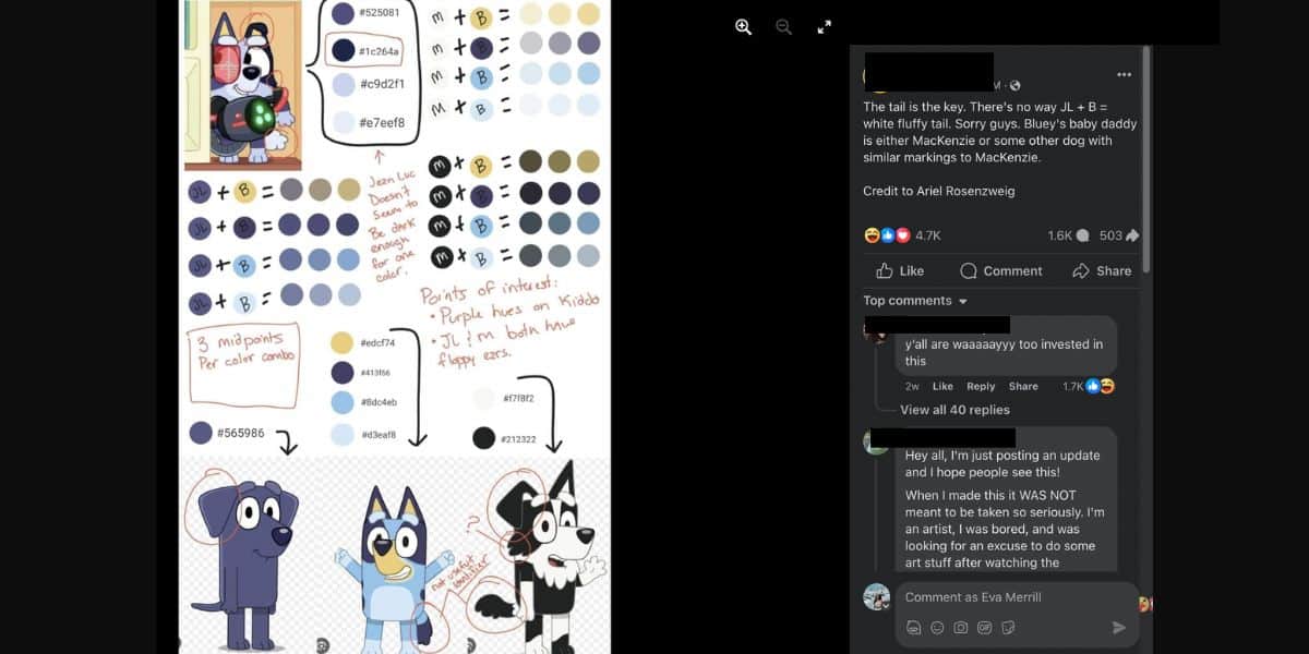 A screenshot of a social media post featuring various cartoon-style sticker designs, including cute animals and Bluey characters, alongside comments and reactions from adult fans.