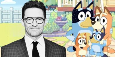 Composite image with Hugh Jackman in a suit on the left and animated cartoon dogs from the "Bluey" movie on the right, set against a cartoon house background.