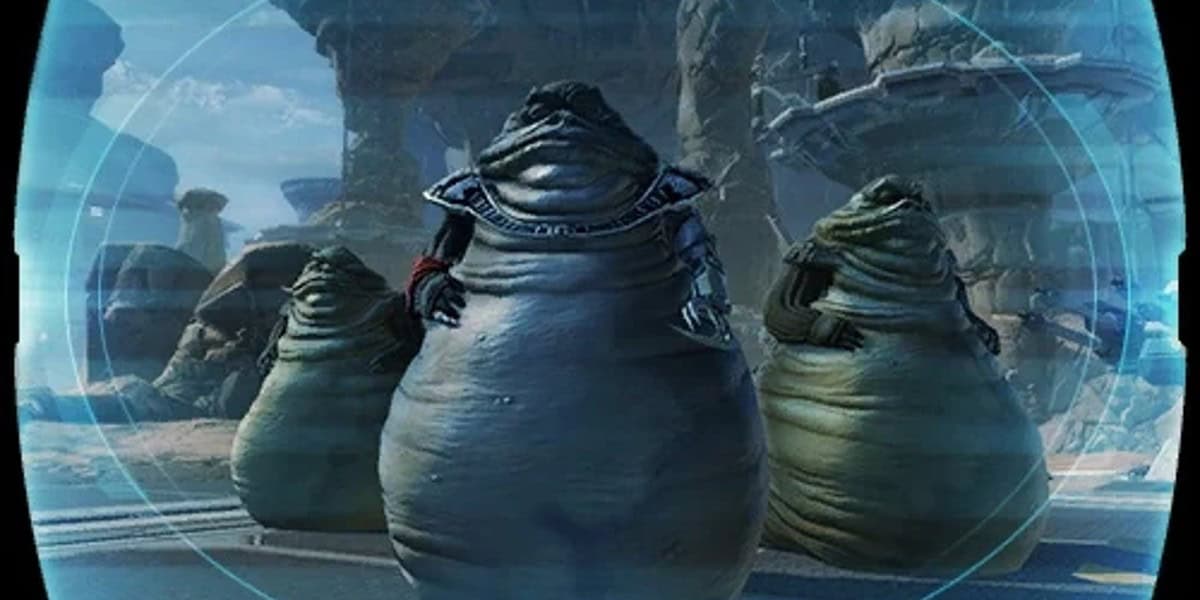 A scene from a video game featuring three large, slug-like aliens with humanoid arms. The central figure wears armor and is flanked by two of the same species. The background shows a futuristic, rocky landscape with structures, sky, and clouds.