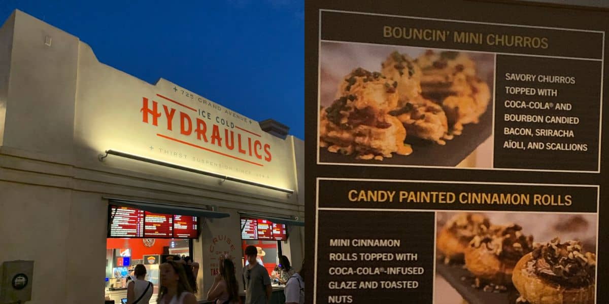 Collage of two images: on the left, a busy outdoor food stand at Disney World named 'Hydraulics' at dusk; on the right, close-up shots of savory mini churros