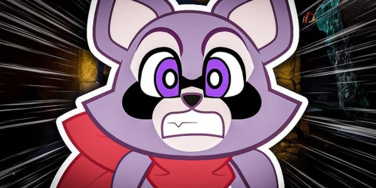 An animated scene set in indigo park features a surprised purple raccoon-like character with large eyes and a red scarf. The background is a dark, blurry motion effect, suggesting action or urgency.
