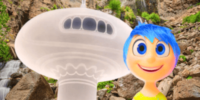 A whimsical scene with a cartoon rendering of Joy from "Inside Out" next to a classic UFO, set against a backdrop of a rocky waterfall at a Pixar-inspired Airbnb stay.