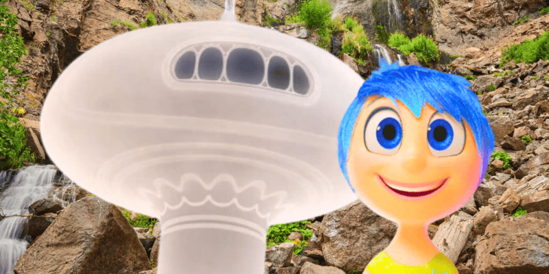 A whimsical scene with a cartoon rendering of Joy from "Inside Out" next to a classic UFO, set against a backdrop of a rocky waterfall at a Pixar-inspired Airbnb stay.