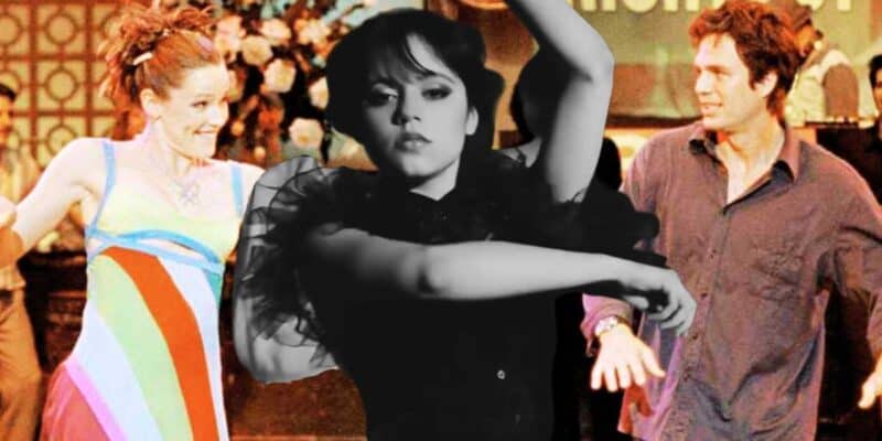A stylized collage of three people dancing energetically, featuring a Jennifer Garner in a multicolored dress, Mark Ruffalo and Jenna Ortega in the foreground as Wednesday Addams