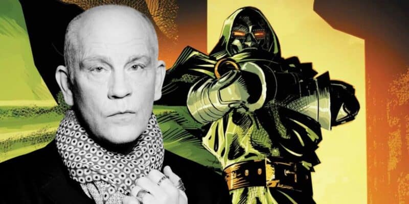 John Malkovich poses on the left, wearing a scarf and suit, looking serious. On the right, a comic book-style illustration of Doctor Doom looms, set against a yellow and orange background.