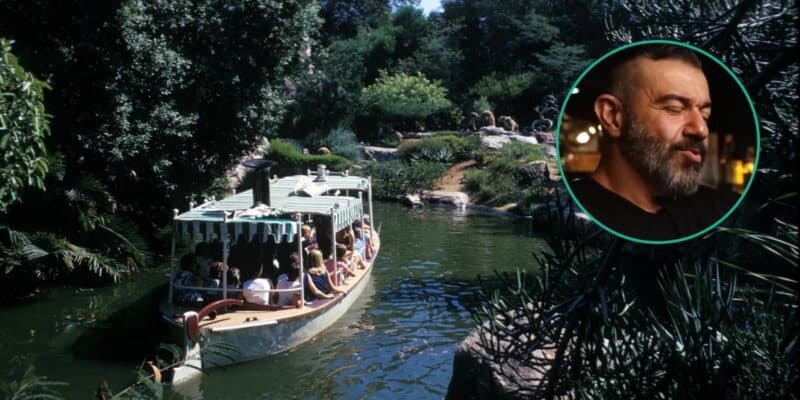 A picture of a former Disney cast member speaking is in the foreground of a shot of a boat on the jungle cruise at Disneyland.