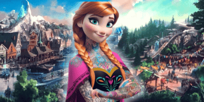 Princess Anna from Disney's Frozen, smiling with a backdrop of a vibrant, festive village and snowy mountains. Anna is wearing a magenta cape over a traditional dress. The scene sparked an internet storm kristen bell