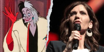 A split image with animated character Cruella on the left and a woman speaking into a microphone on the right. Cruella sports her signature black-and-white outfit and distinctive hairstyle, while the formally dressed woman with dark hair appears to be making headlines.