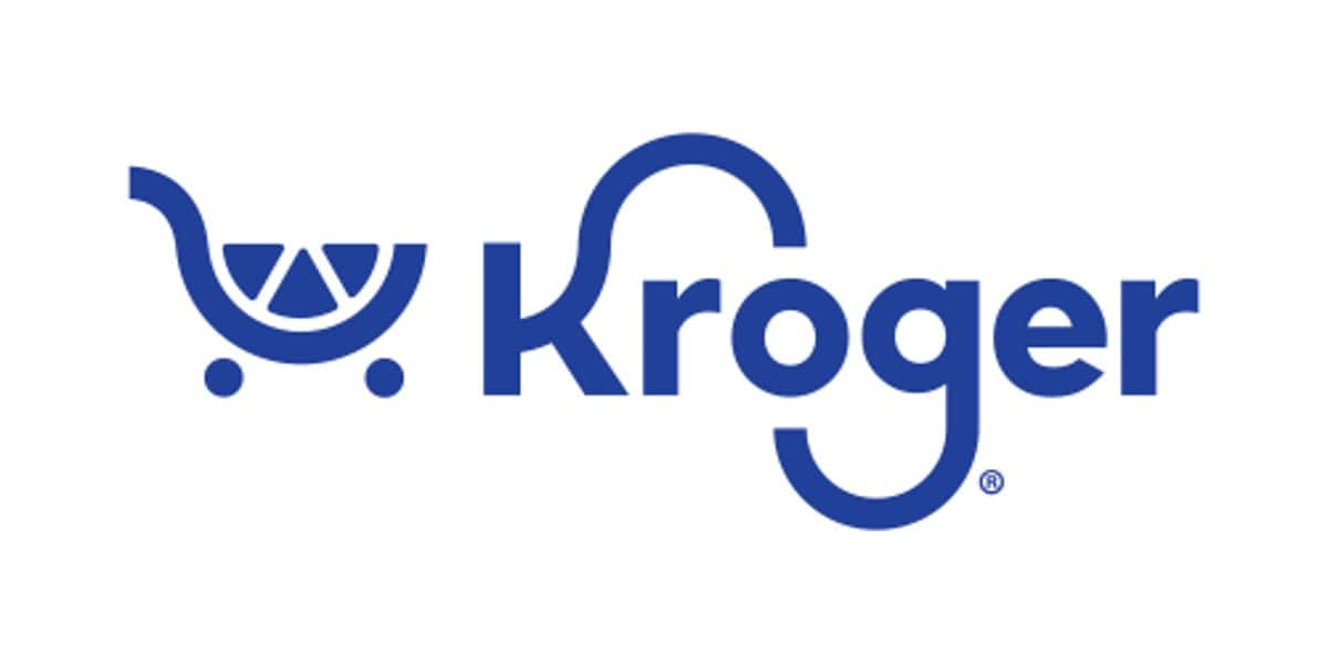 Logo of kroger featuring stylized blue text with a smiling shopping cart above the 'k'.
