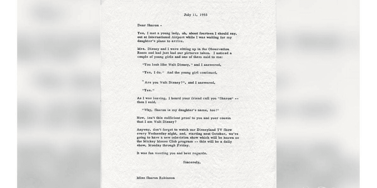 A typed letter dated July 11, 1956, addressed to "Sharon." The letter recounts a humorous encounter at an airport where the author was mistaken for Walt Disney. It ends with a signature, "Miss Sharon Robinson." The text is centered on a white background.