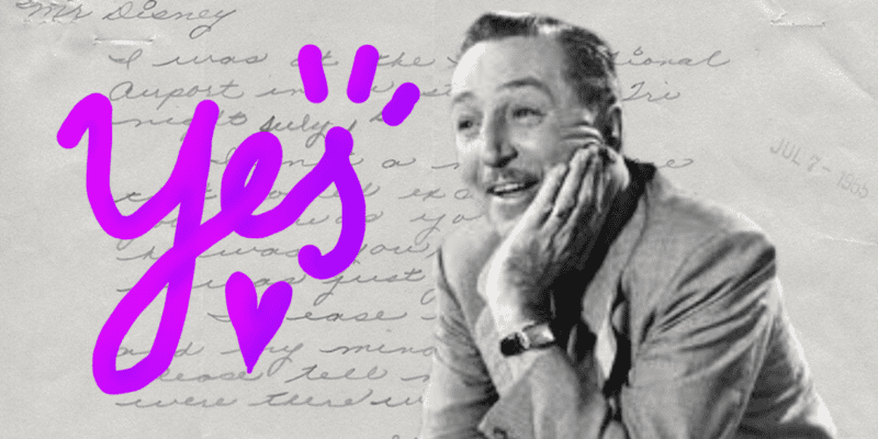 A grayscale photo of a smiling man in a suit, resting his face on his hand, is overlaid with the word "Yes" in bright purple with a heart symbol. The background features handwritten text, reminiscent of scenes where girl meets Disney at the airport.