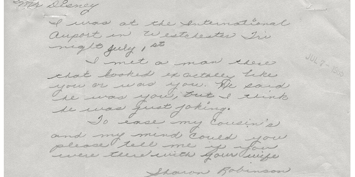 A handwritten note addressed to Mr. Delaney. The writer mentions meeting a man at the International Airport in Winchester on July 1, curious if it was him. The note ends with the writer requesting clarification if the man was indeed Mr. Delaney, reminiscing how a girl meets Disney at the airport. Dated July 2, 1985.