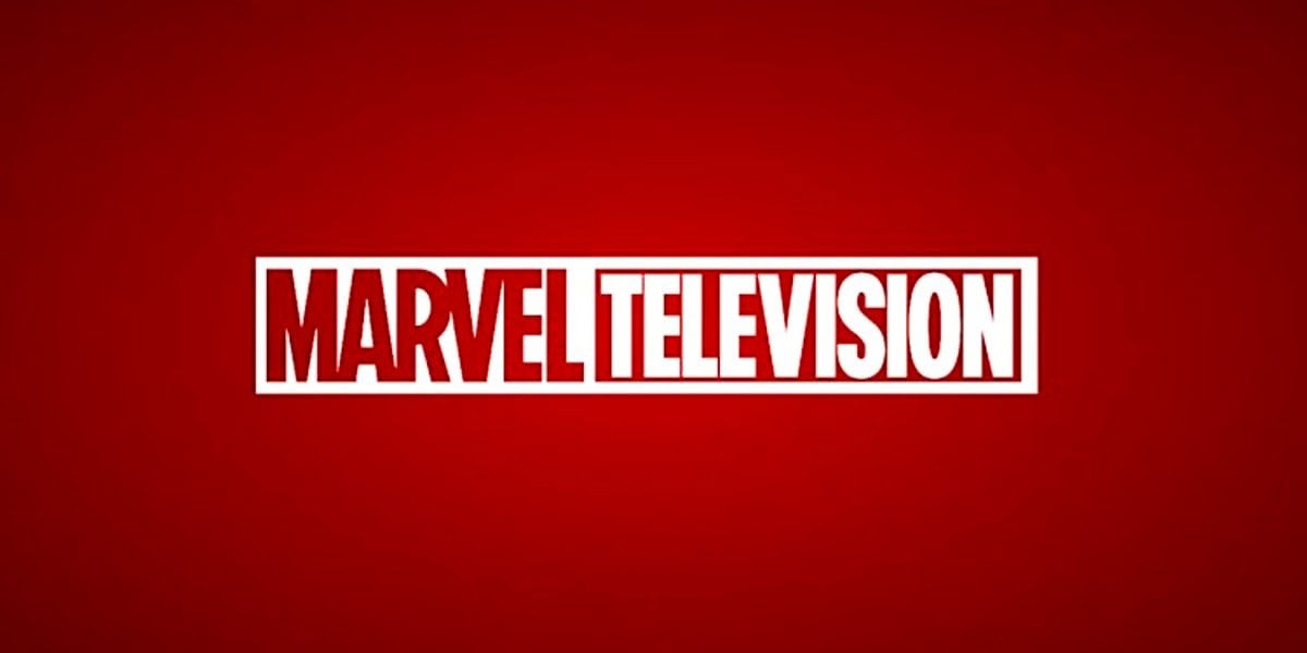 The image shows a red background with the "MARVEL TELEVISION" logo at the center. The word "MARVEL" and "TELEVISION" are written in bold, white capital letters within a rectangular border.