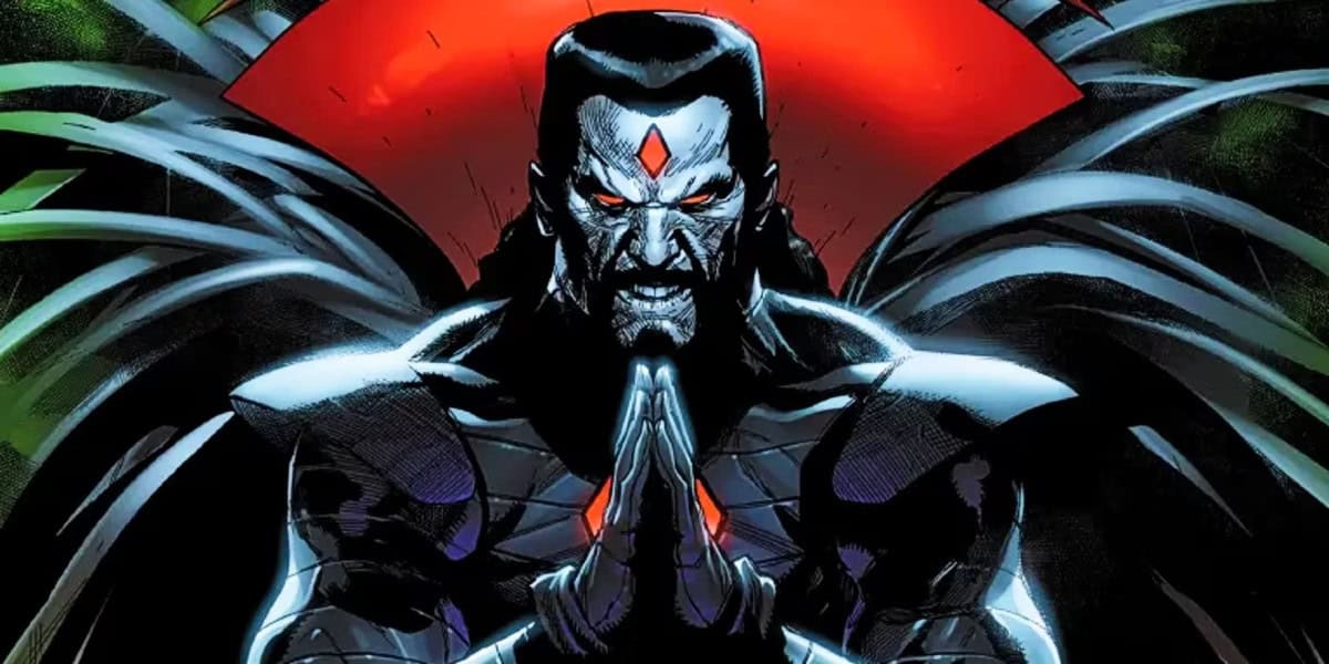 Illustration of a menacing X-Men character with dark armor, glowing red eyes, and a red diamond on his forehead. He has long black hair, a stern expression, and his hands are clasped together in front of a background featuring dark wings and a red glow.