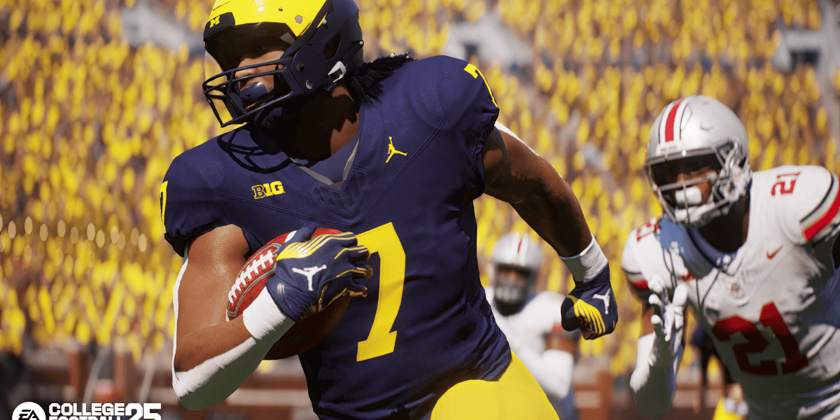 A football player in a navy blue and maize uniform runs with the ball, pursued by an opponent in a white and red uniform. The background features a stadium filled with fans eagerly awaiting the highly-anticipated release of EA NCAA College Football 25, visible in the corner.