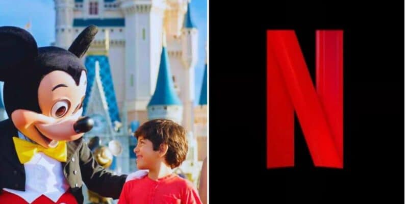 Left: A joyful child interacting with Mickey Mouse in front of a castle at a Disney theme park. Right: The bold red letter "N" on a black background, representing the Netflix logo.